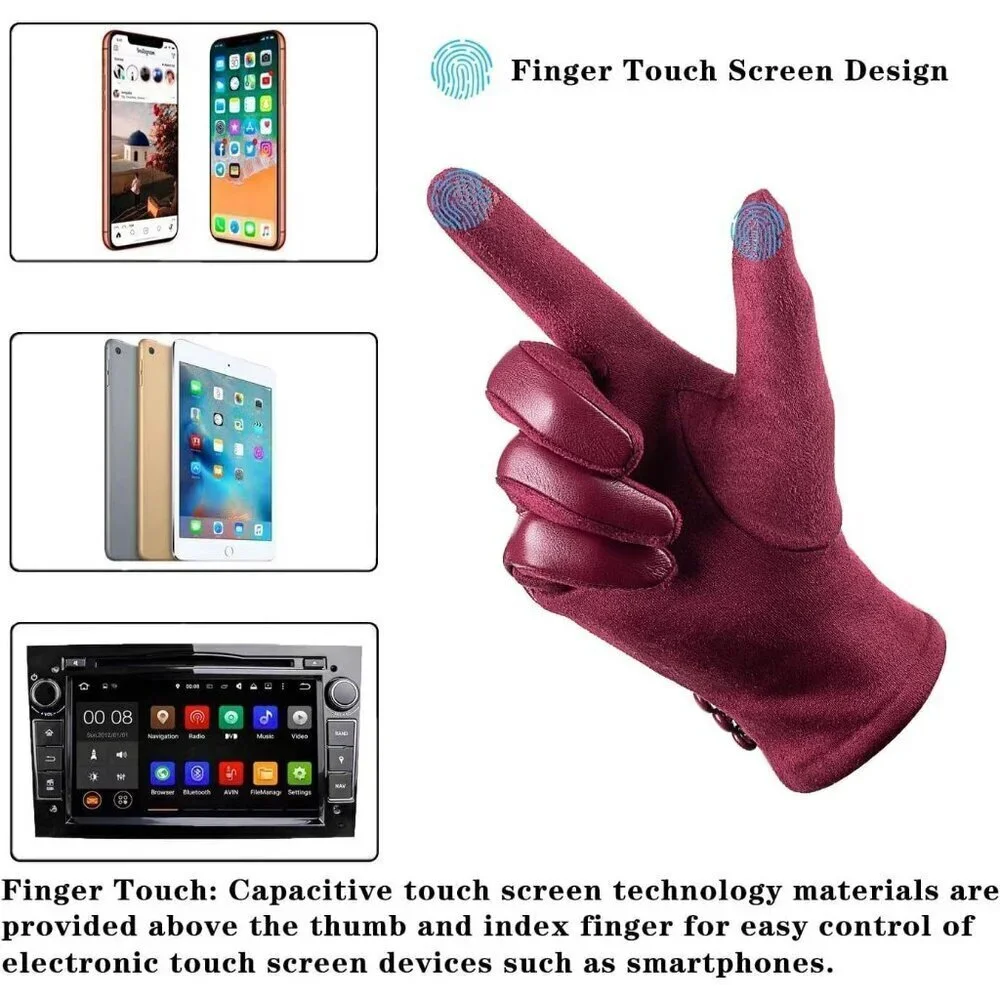 Women's Winter Leather Gloves Touch Screen Wool Lined Windproof Warm Suede Red